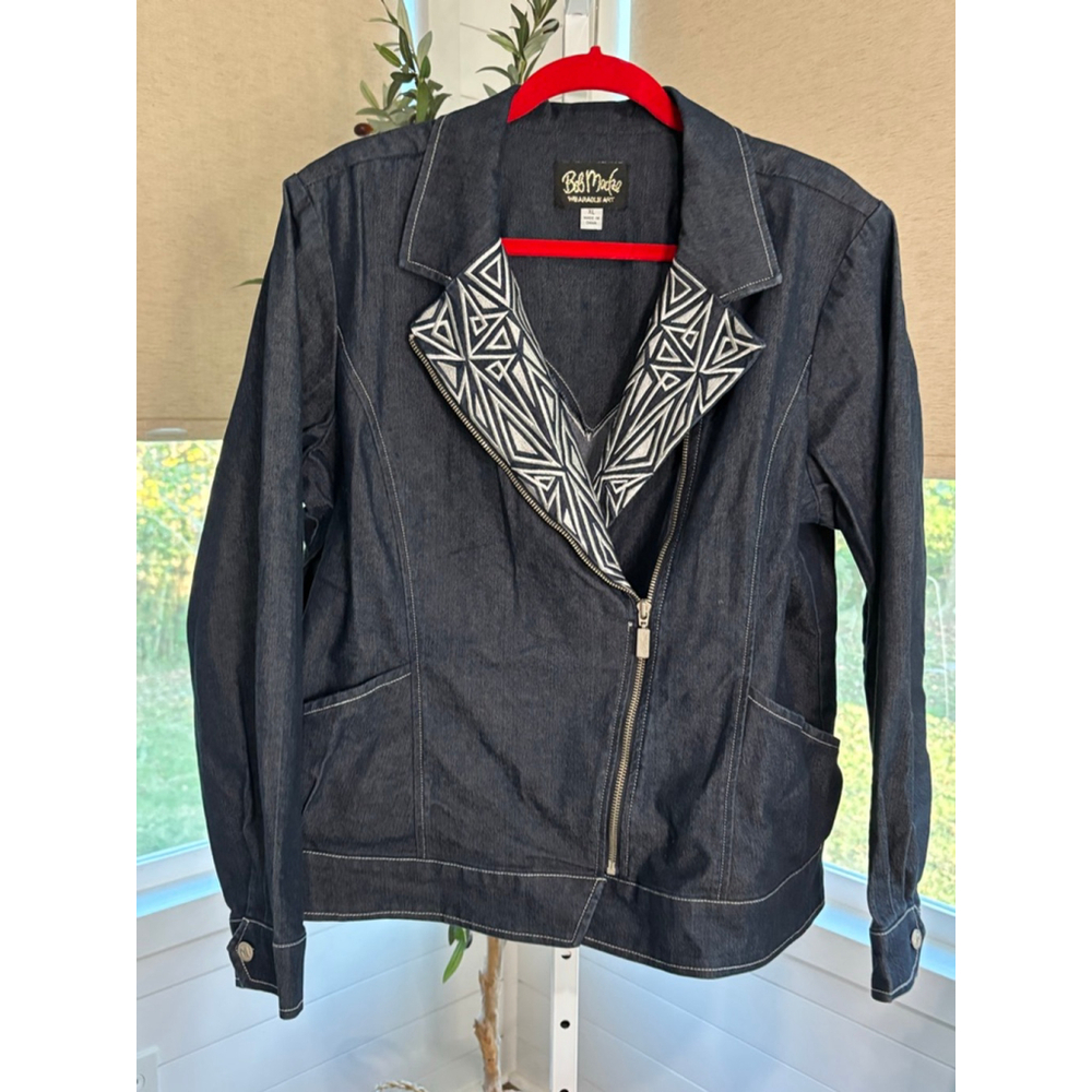 Bob Mackie Dark Blue Jean Jacket with Embroidery, Zip Front. Woman’s XL